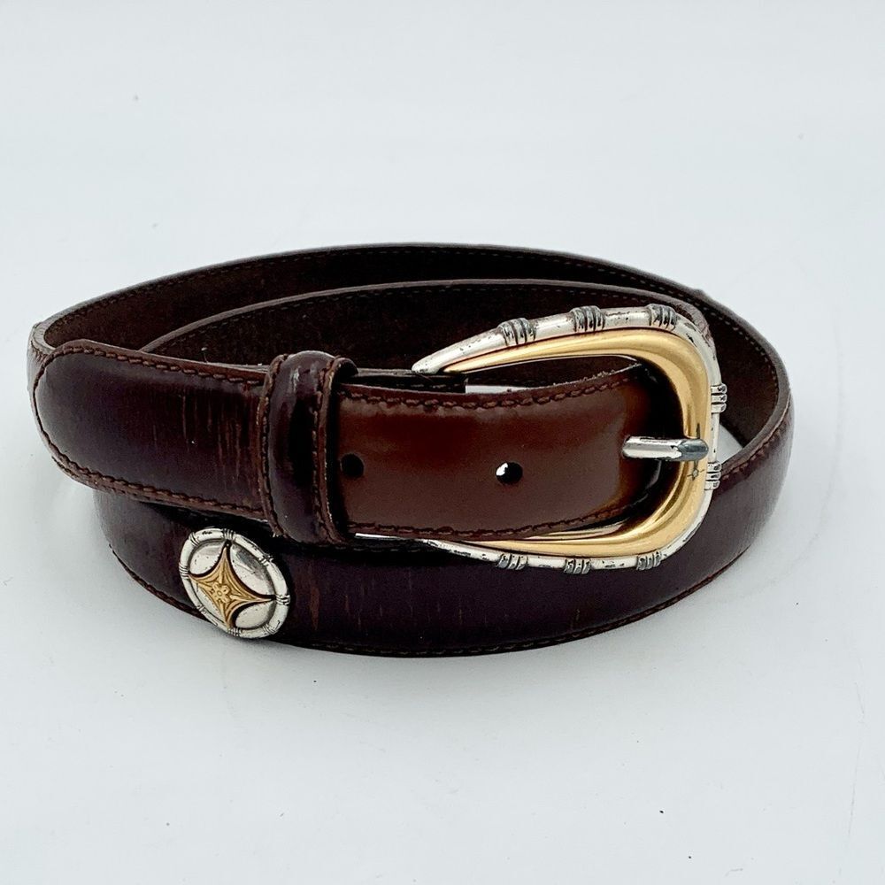 Fossil Brown Leather Belt Two Tone Gold Silver Buckle Western